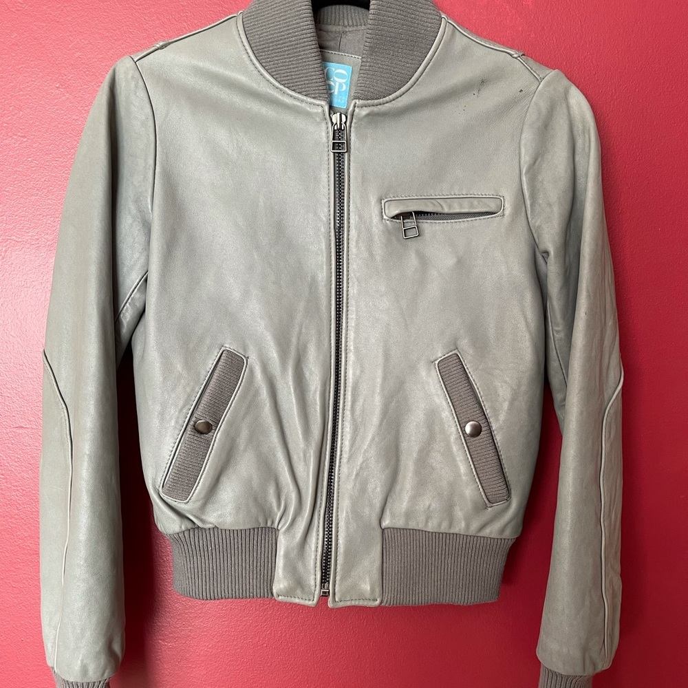 Barneys New York Gray Leather Bomber Jacket